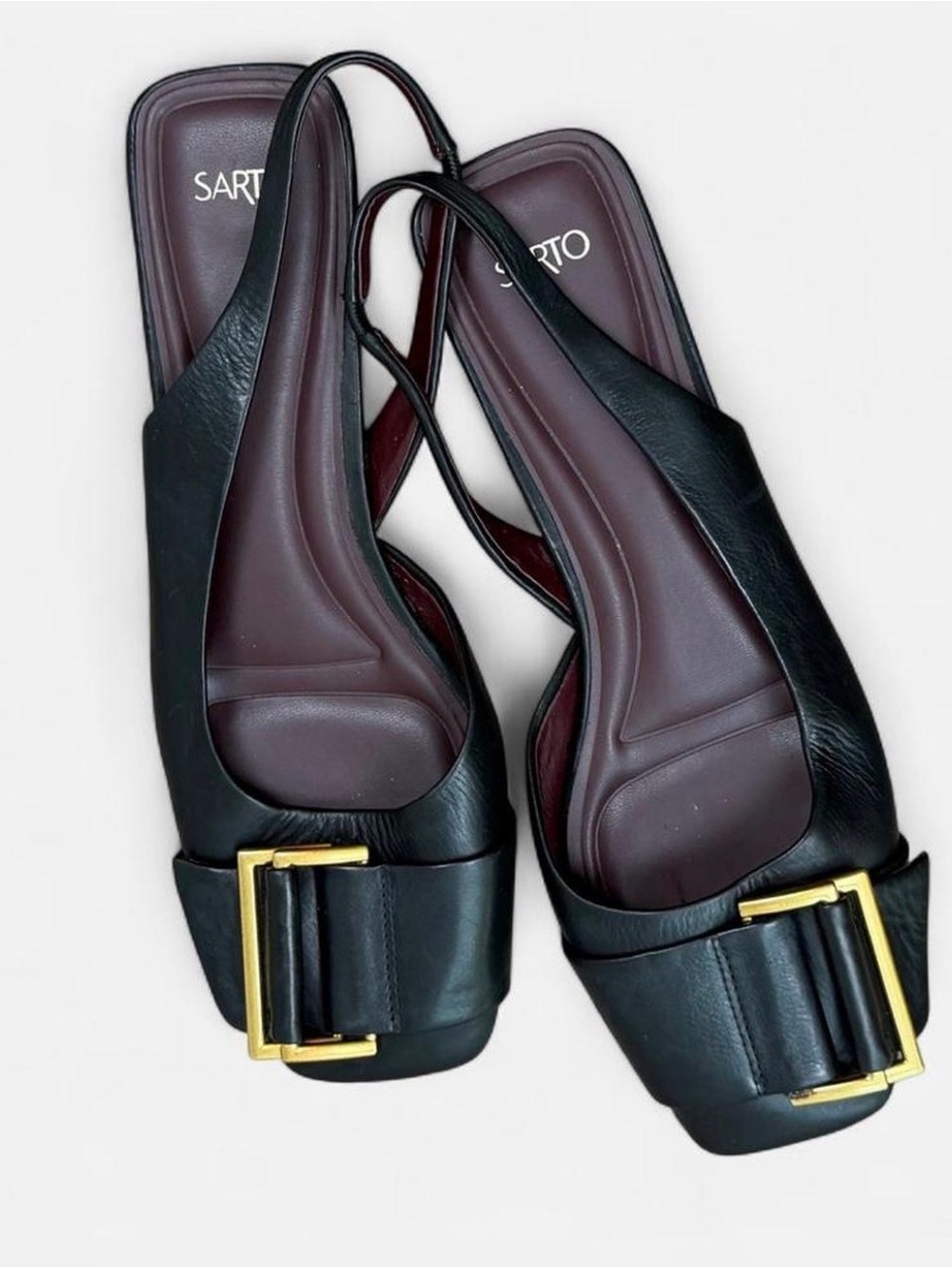 Franco Sarto Black Leather Slingback Flats with Gold Buckle